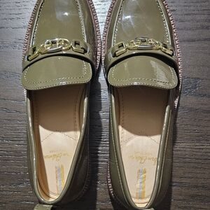 Sam Edelman Olive Patent Loafers with Gold Detail